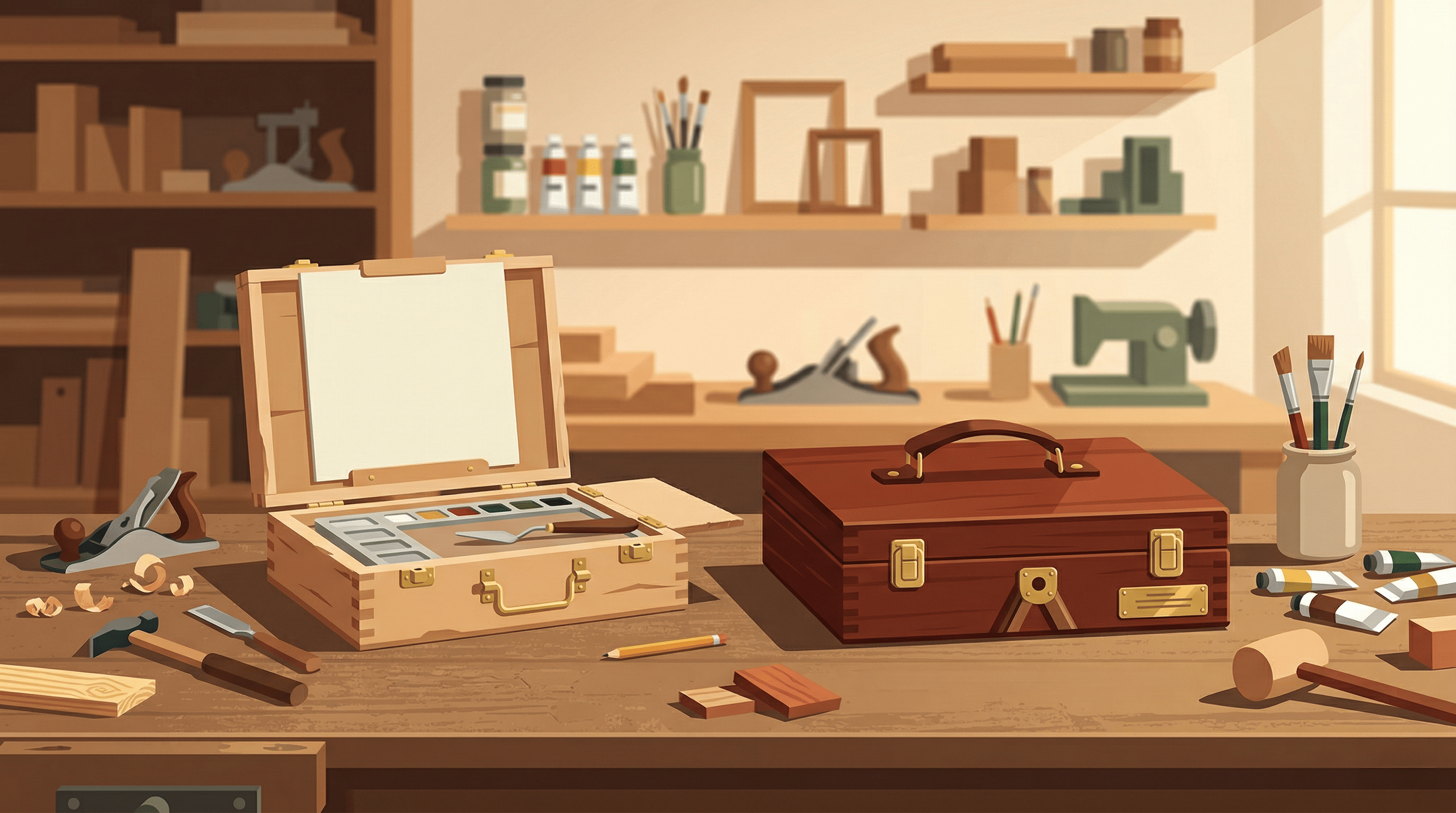 Flat editorial illustration showing pochade box design evolution from prototype to finished plein air easel box, with workshop tools and wood materials on a crafting table.