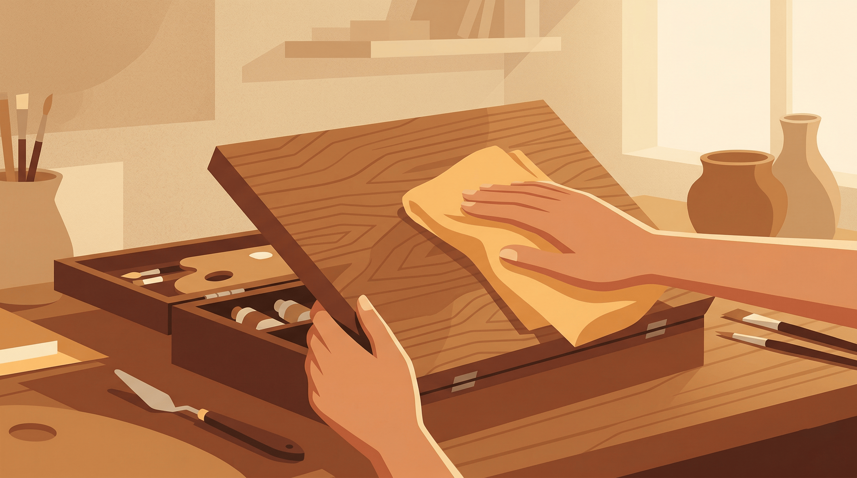 Flat editorial illustration of hands performing wood easel care, gently wiping a wooden pochade box surface with a soft cloth under warm studio lighting, showing pochade box maintenance routine.