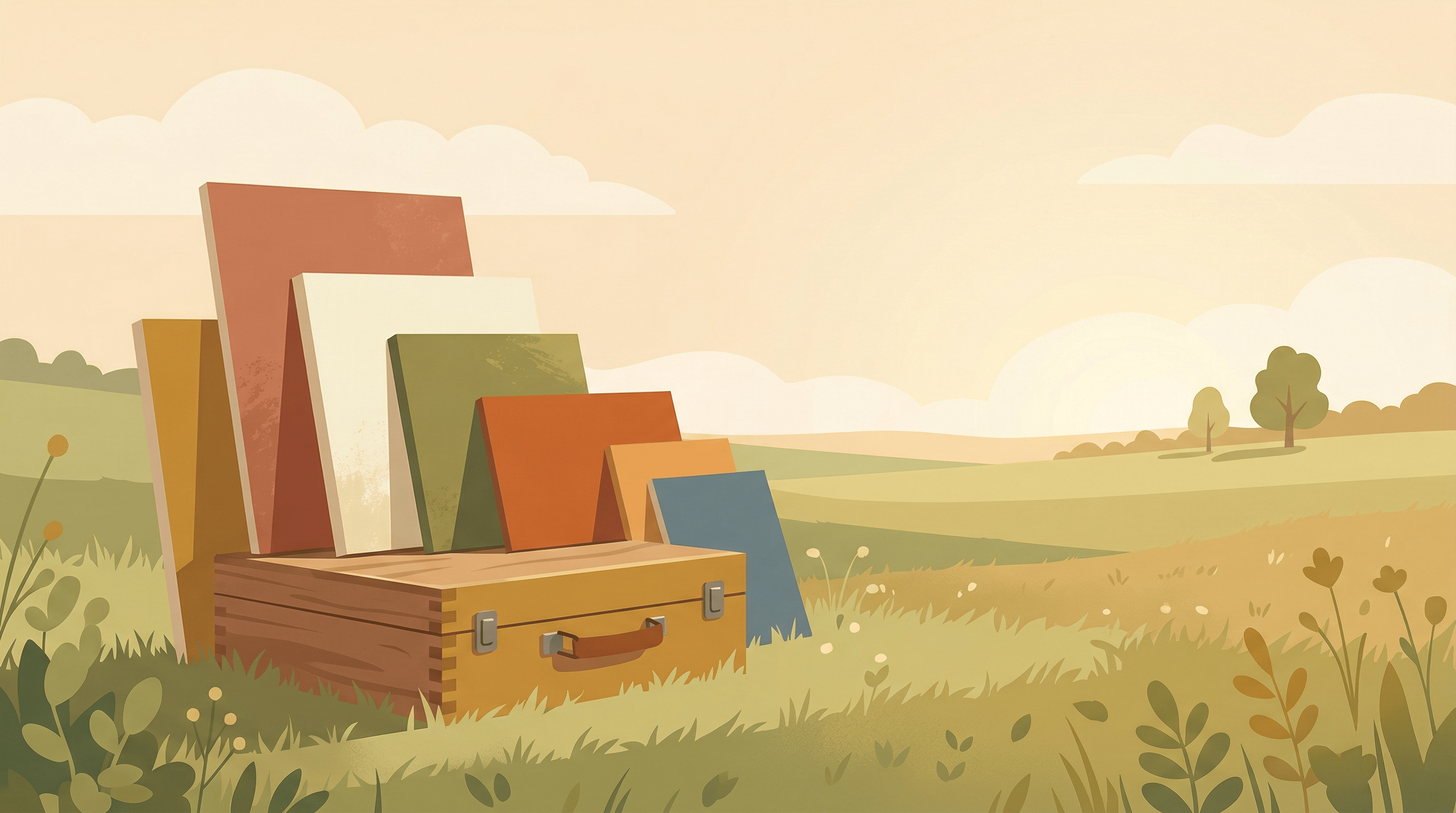 Different sized painting panels leaning against a wooden pochade box on outdoor grass, illustrating pochade box size options for plein air panel selection