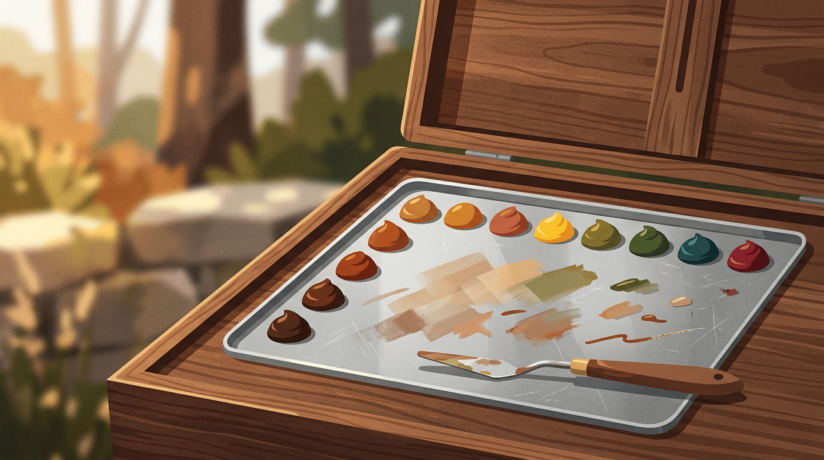 Close-up of an aluminum plein air palette with neatly arranged paint colors and mixing marks on an outdoor pochade box
