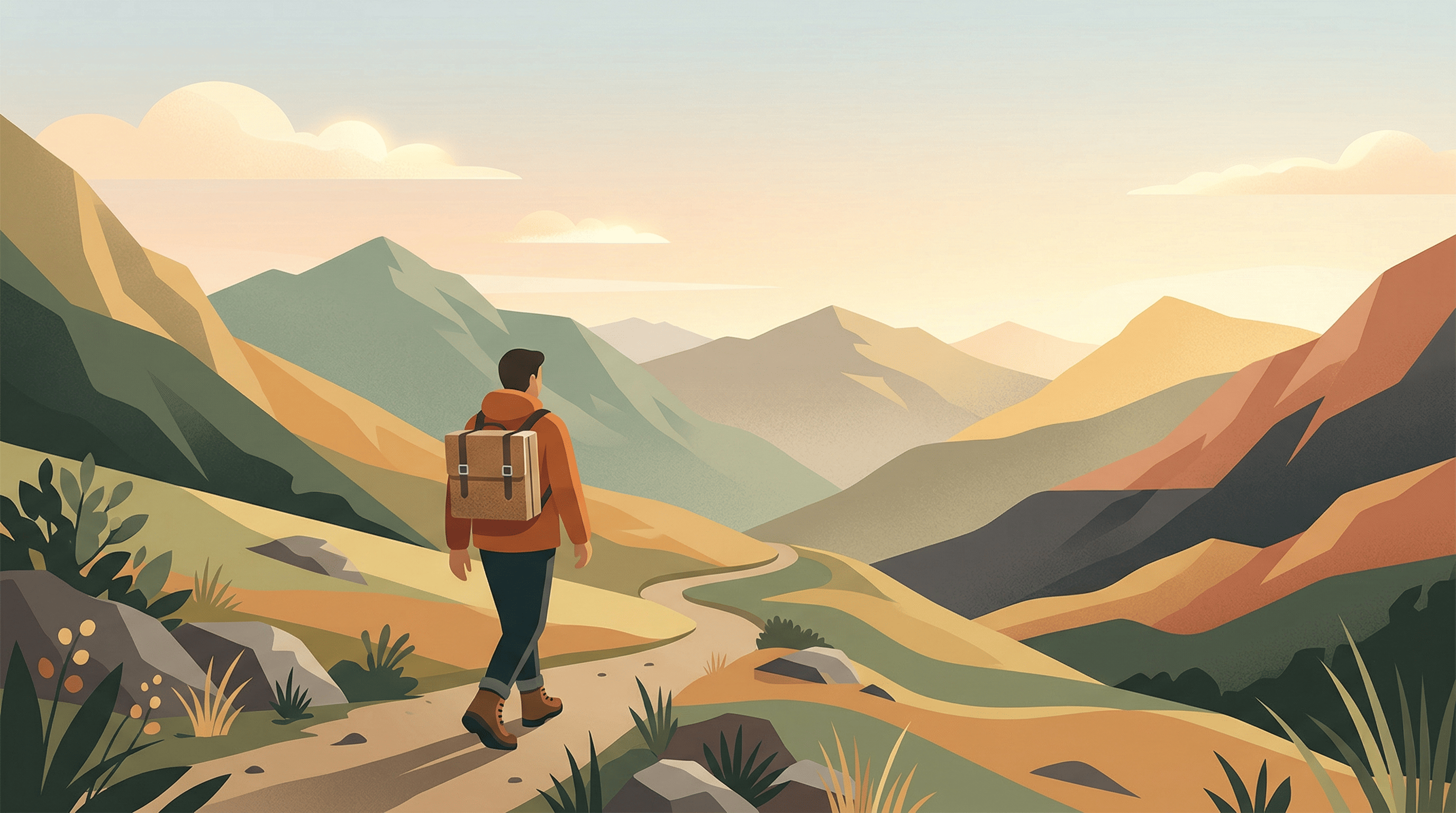 A painter walking along a mountain trail carrying a pochade box with shoulder straps, illustrating plein air packing and portable painting gear