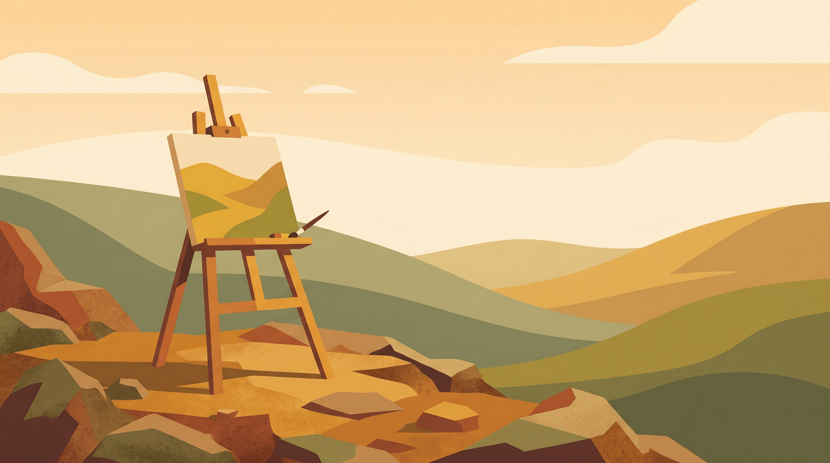 A plein air easel standing stable on uneven rocky ground with rolling hills, illustrating plein air easel stability and outdoor setup techniques