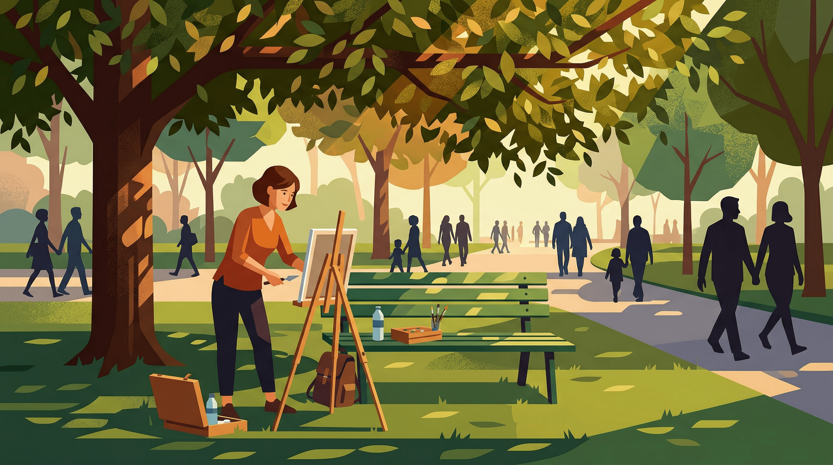 Flat editorial illustration of a painter setting up for their first plein air session next to a park bench under tree shade, with people walking by, depicting beginner outdoor painting in a relaxed warm atmosphere.