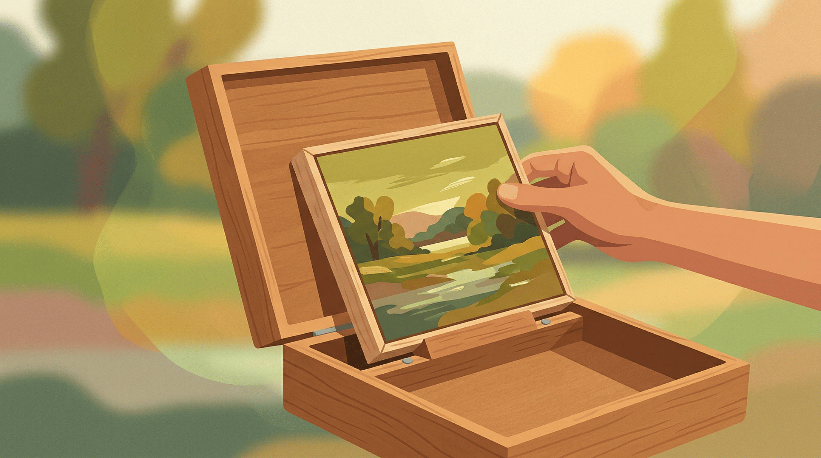 A wet landscape painting being placed into the lid carrier of a wooden pochade box outdoors, demonstrating wet panel carrier use for plein air painting