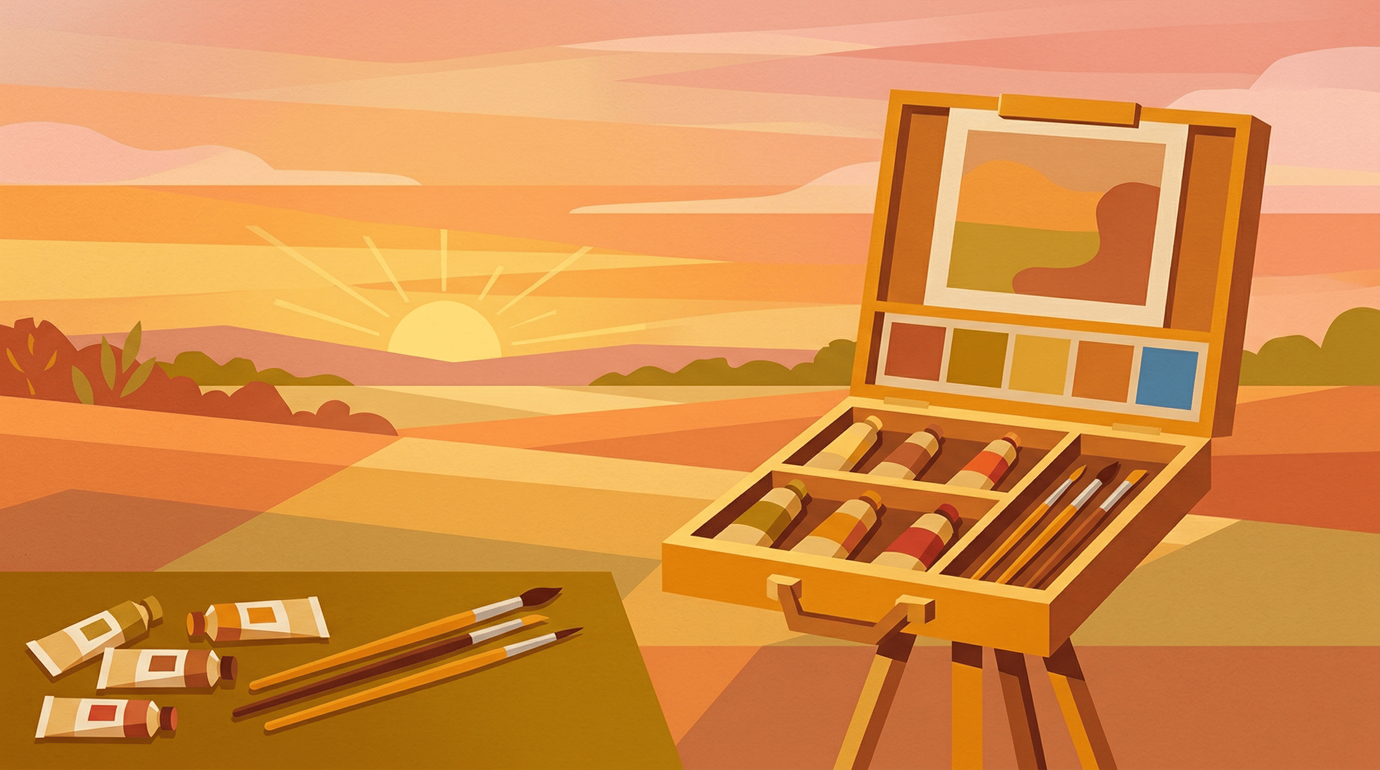 An open pochade box with paint tubes and brushes at sunset in a field, illustrating plein air oil painting and outdoor workflow setup