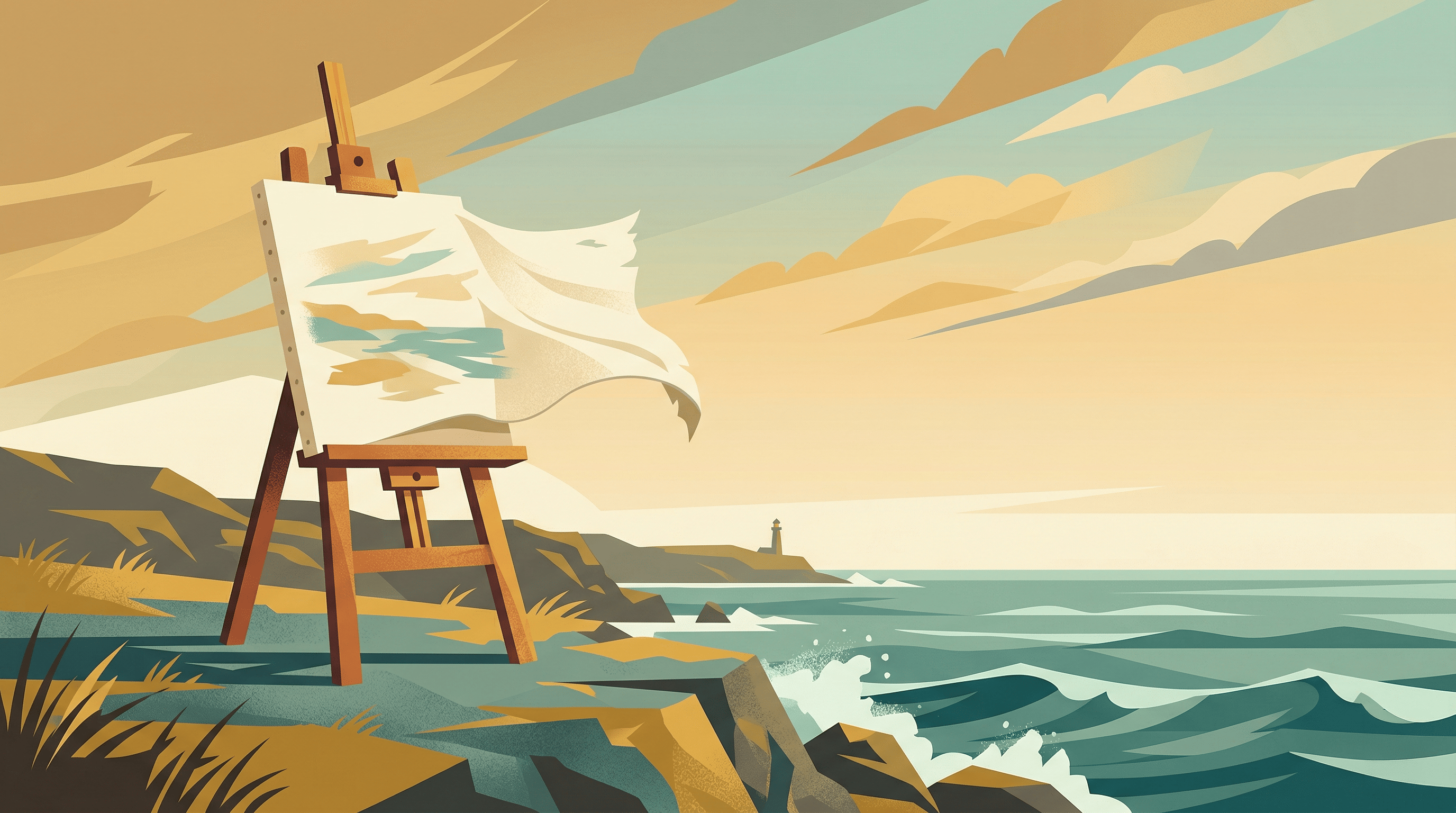 A painting easel standing firm in wind on a seaside cliff, illustrating windproof easel setup for outdoor painting