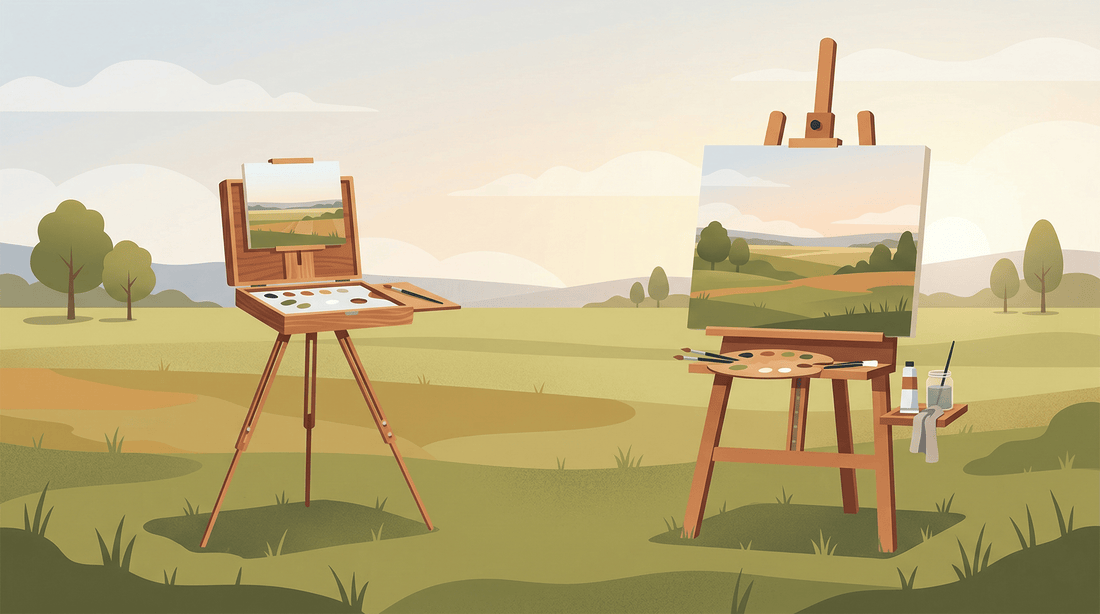 Flat editorial illustration comparing a compact pochade box and a traditional plein air easel side by side on an outdoor grassy field, warm neutral tones