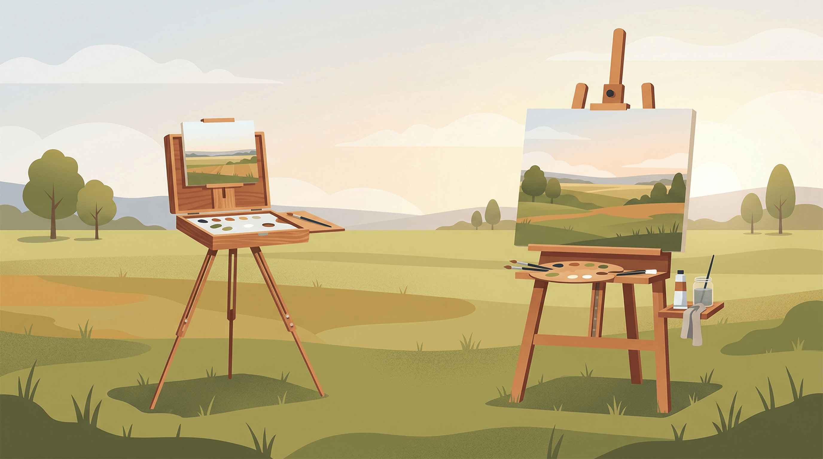 Flat editorial illustration comparing a compact pochade box and a traditional plein air easel side by side on an outdoor grassy field, warm neutral tones
