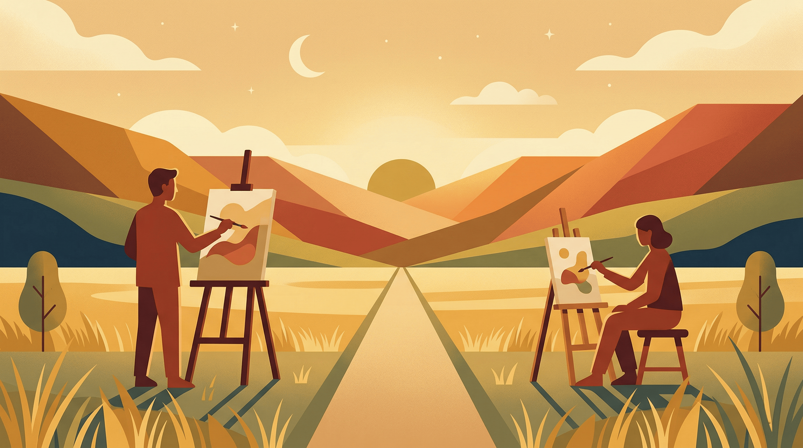 Flat editorial illustration comparing standing and sitting positions for plein air painting, with two stylized figures painting outdoors in a warm golden landscape, representing outdoor comfort and portable painting setup choices.