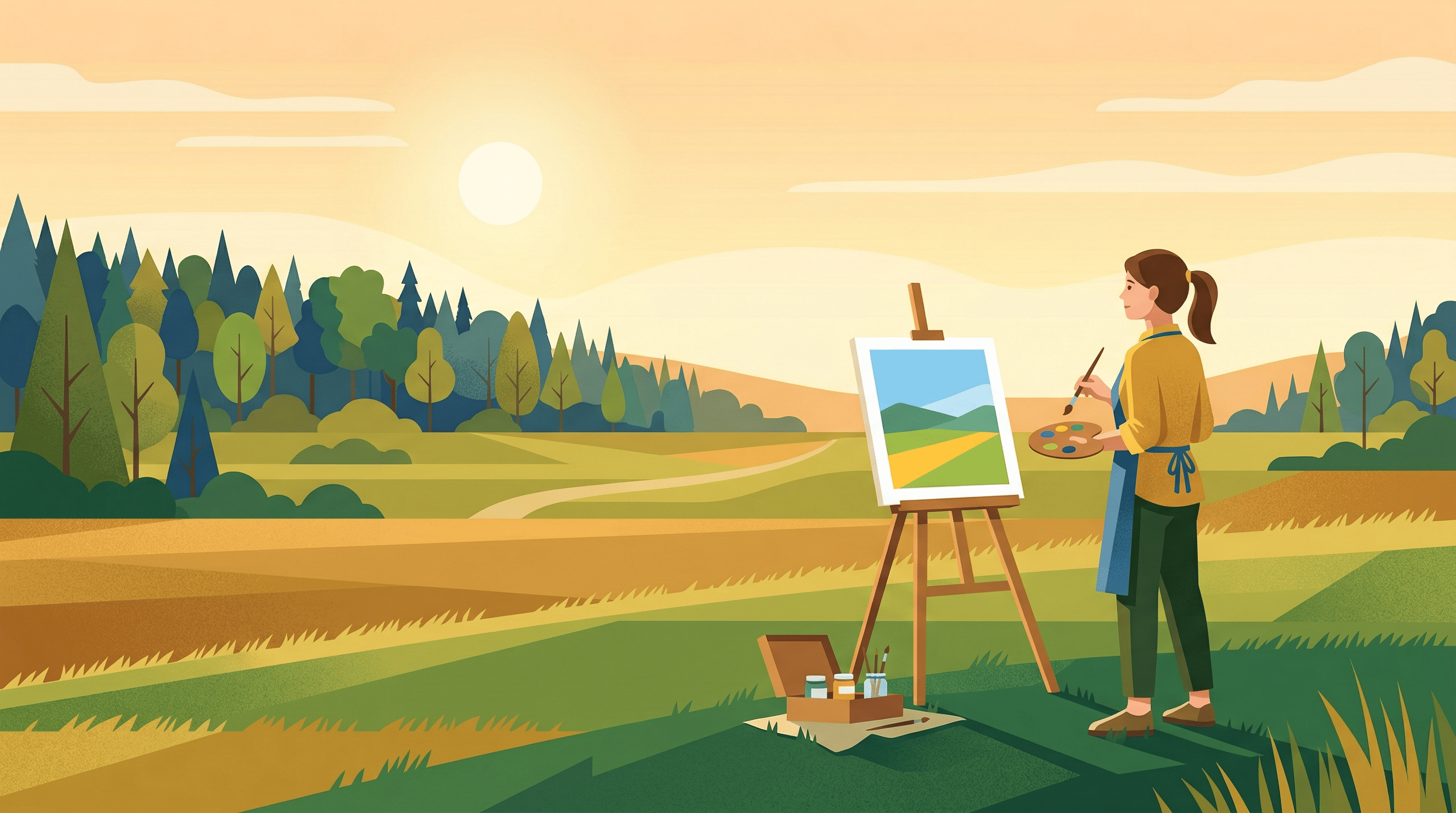 Flat editorial illustration of a beginner starting plein air painting for beginners, standing at an easel in a sunny meadow with morning light and distant trees.