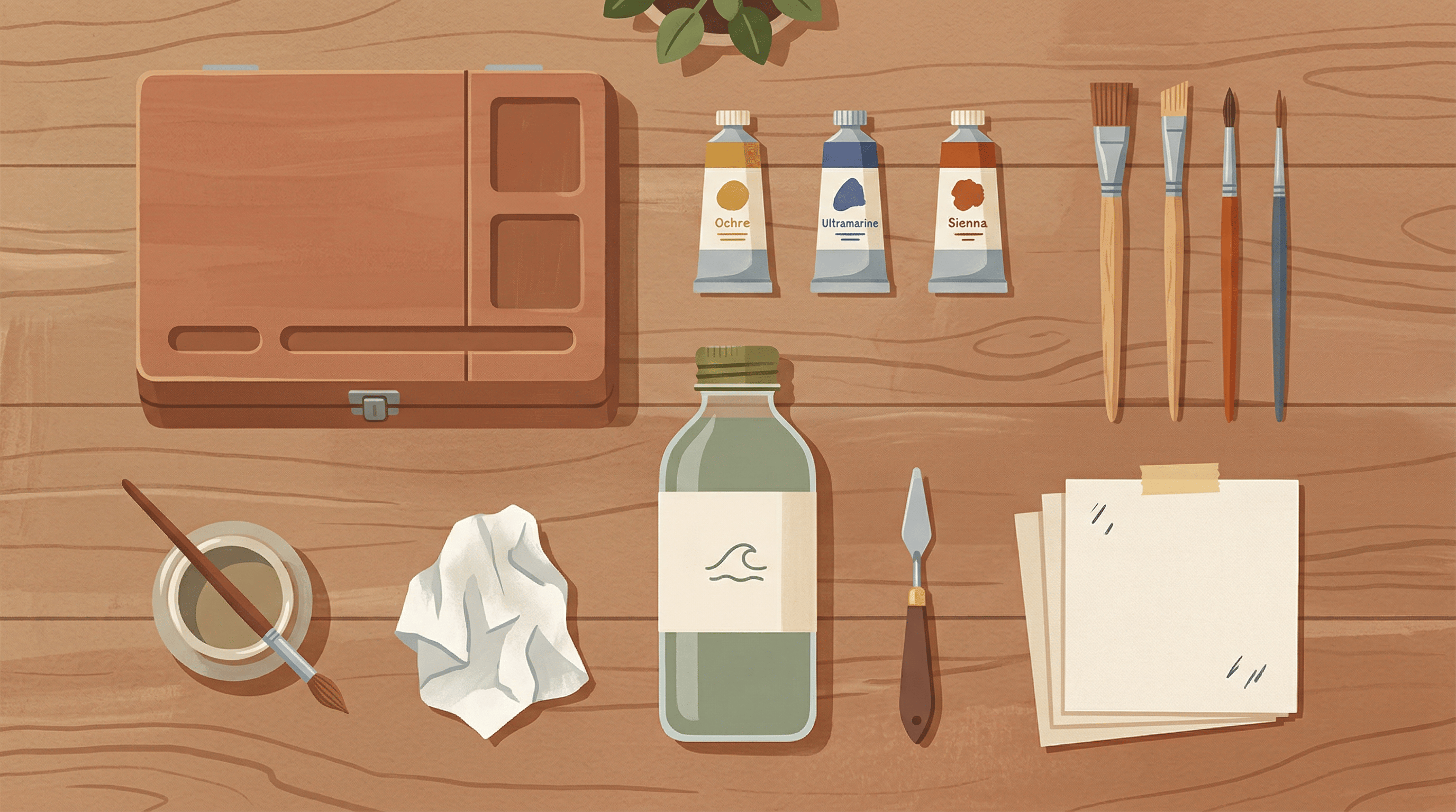 Plein air supplies and gear list flat lay including a pochade box, paint brushes, paint tubes, and accessories arranged on a wooden surface