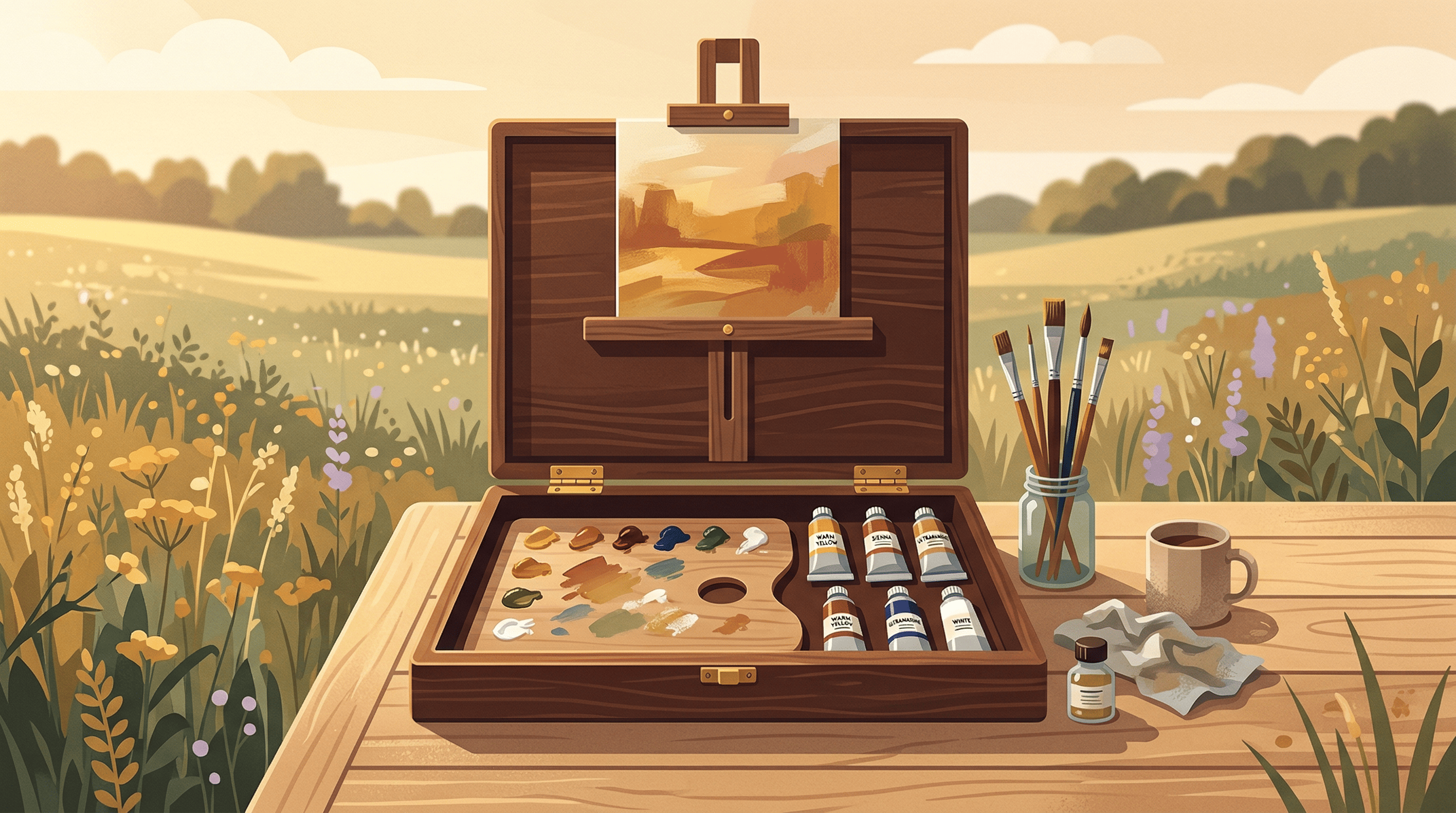 Flat editorial illustration of an open pochade box with painting supplies arranged on a sunlit outdoor table, warm neutral tones, minimalist composition