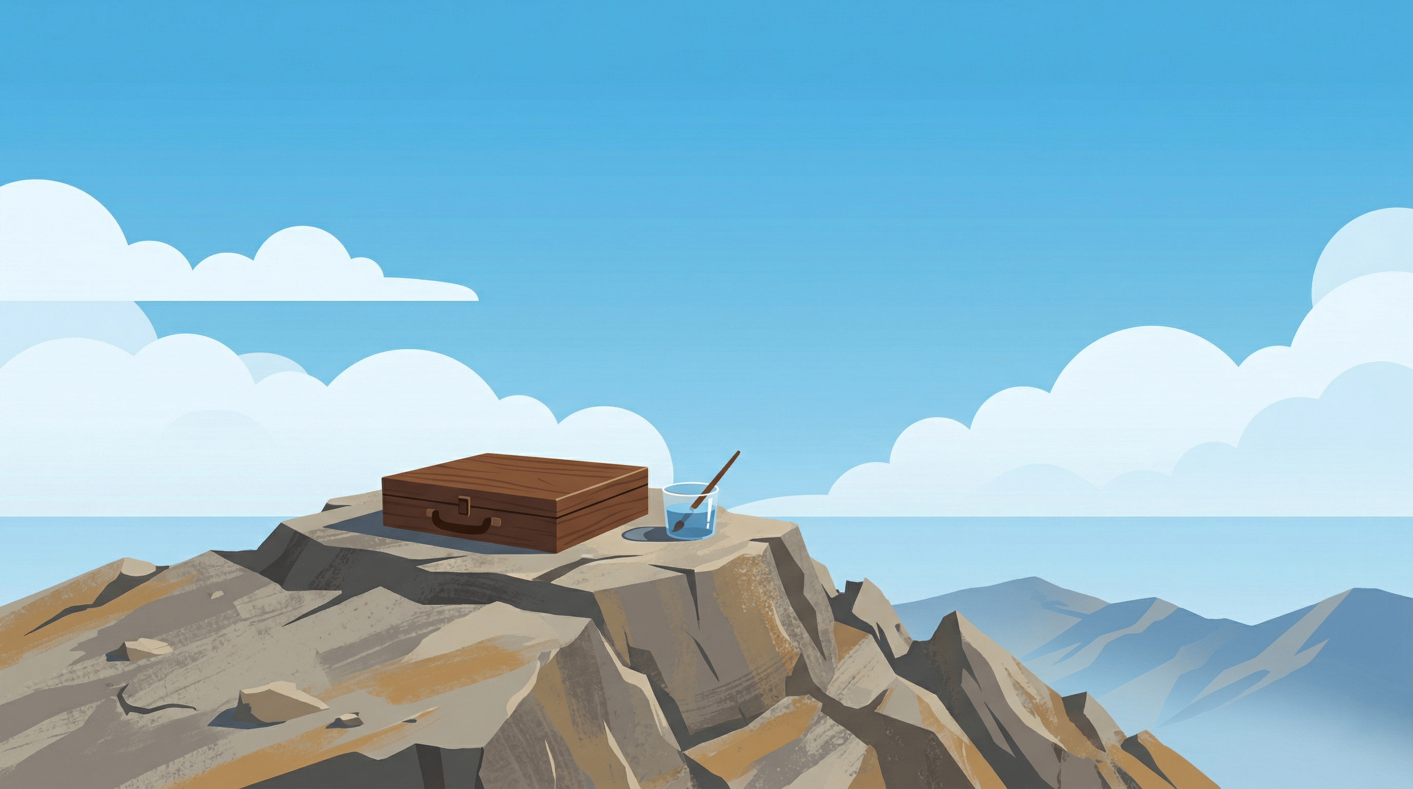 Flat editorial illustration of a minimalist plein air setup with a single pochade box and water cup on a mountain summit, representing lightweight painting gear with expansive sky and negative space.