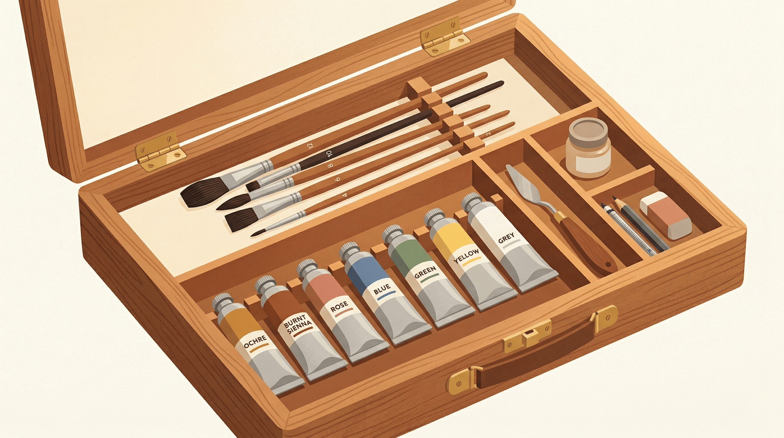 Close-up flat editorial illustration of an open walnut art easel box showing organized interior compartments with brushes and paint tubes, warm amber tones