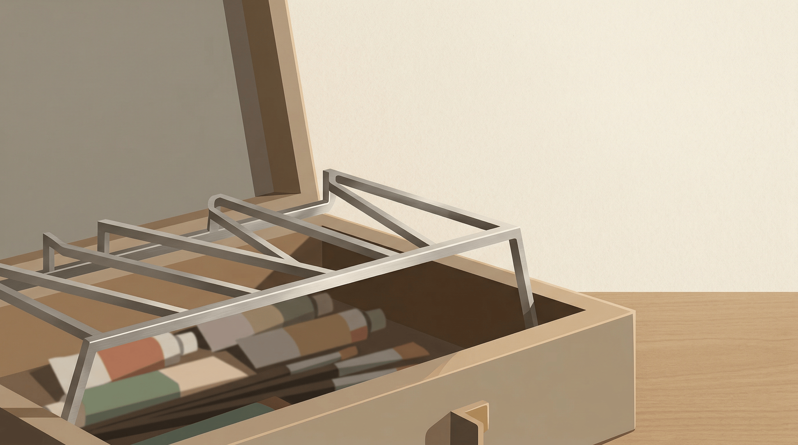 Close-up flat editorial illustration of aluminum hardware rack resting on an open wooden plein air easel box, warm neutral tones with soft side lighting
