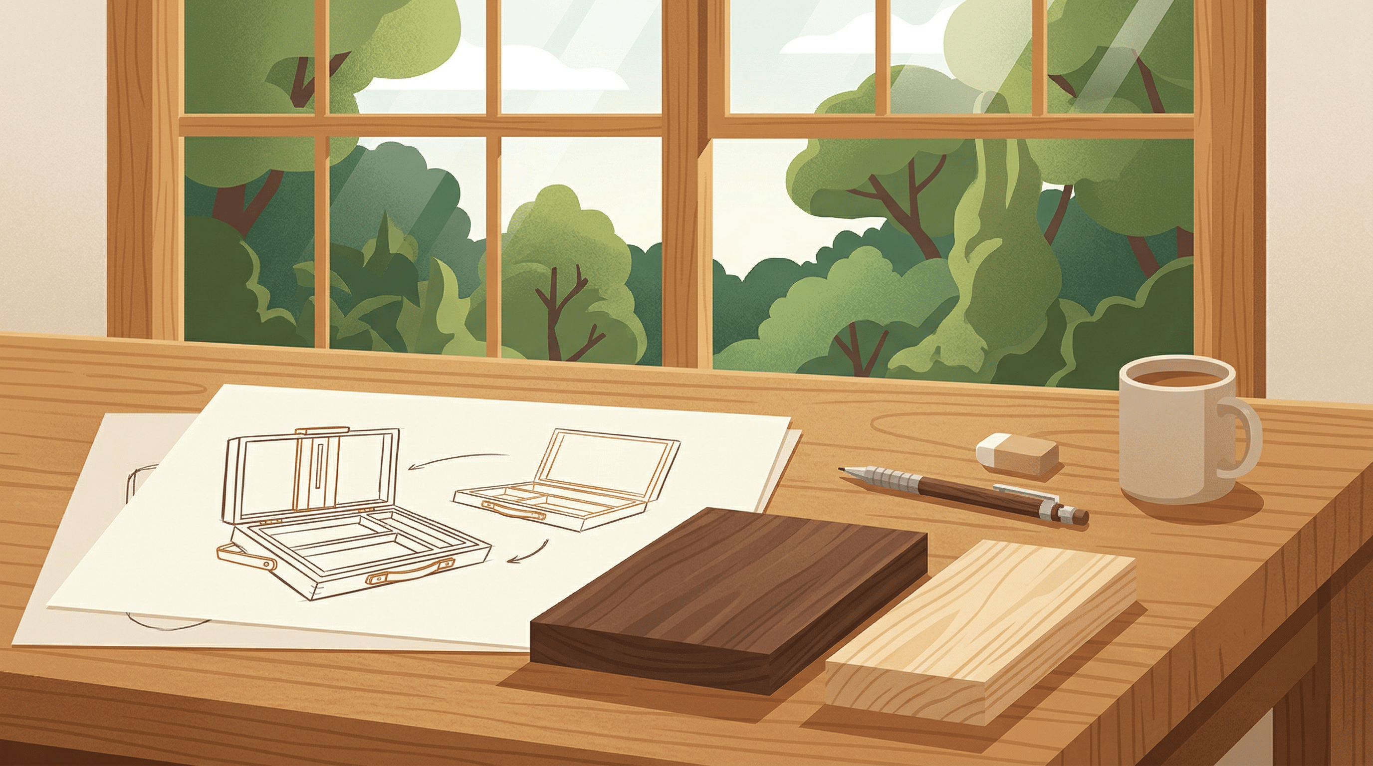 Flat editorial illustration of a workshop table with Walnut Art Easel Box prototype sketches and wood samples, telling the design story behind the plein air pochade box brand.