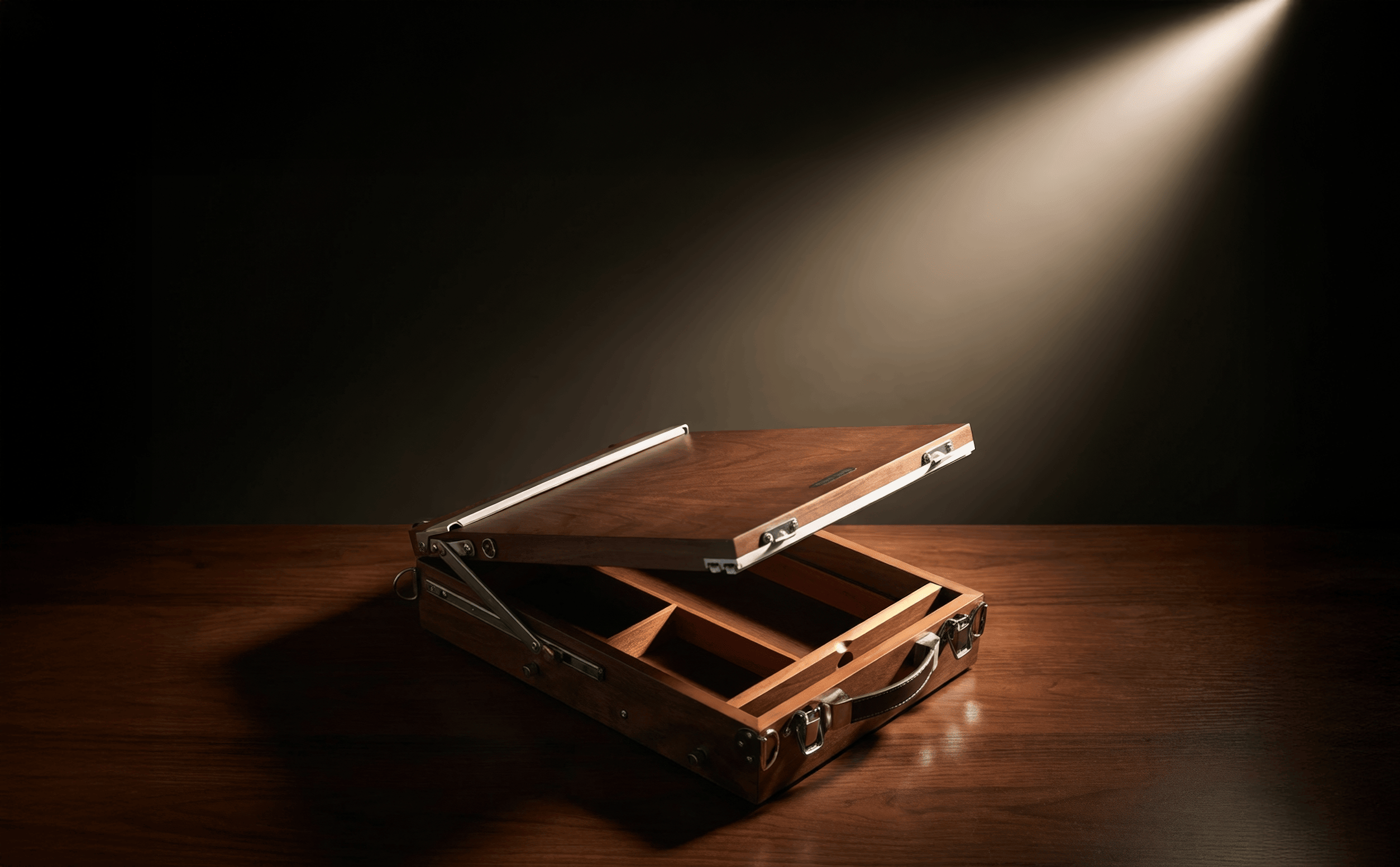 Wooden briefcase with open lid on a dark surface, illuminated by a spotlight.