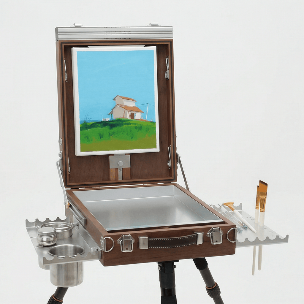 Portable art easel with painting and art supplies on a white background