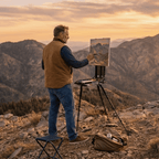 Man painting a mountain landscape on a rocky hilltop at sunset.