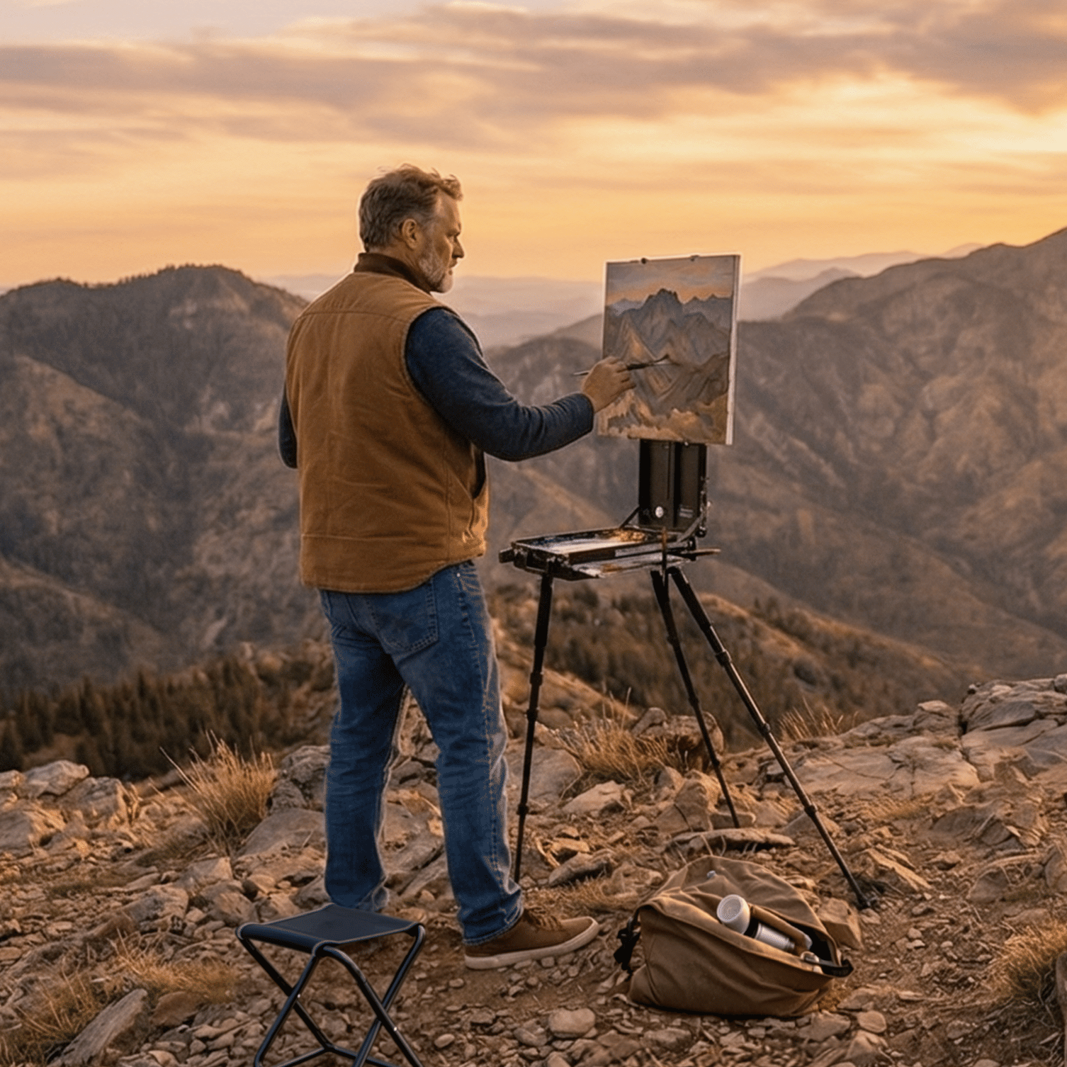 Man painting a mountain landscape on a rocky hilltop at sunset.