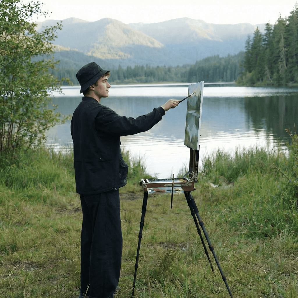 Person painting a landscape with a lake and mountains in the background