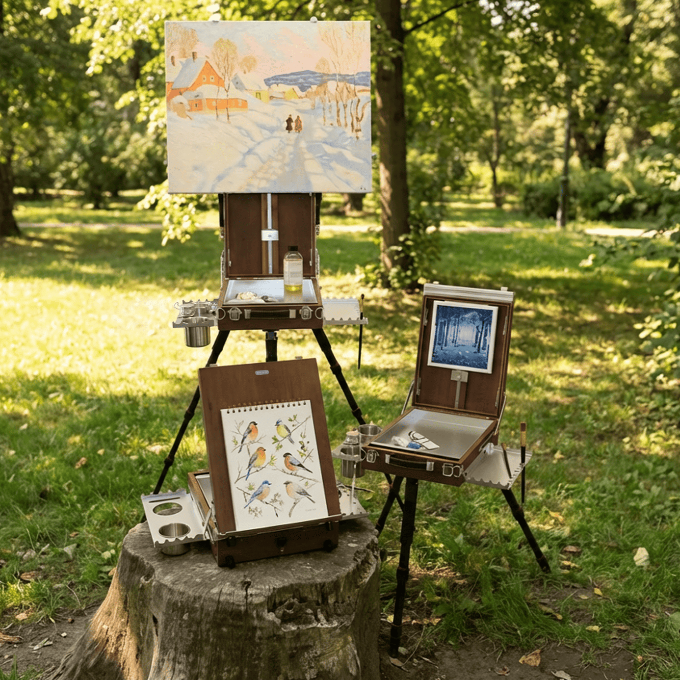 Artistic setup with easel, paint supplies, and artwork in a park setting
