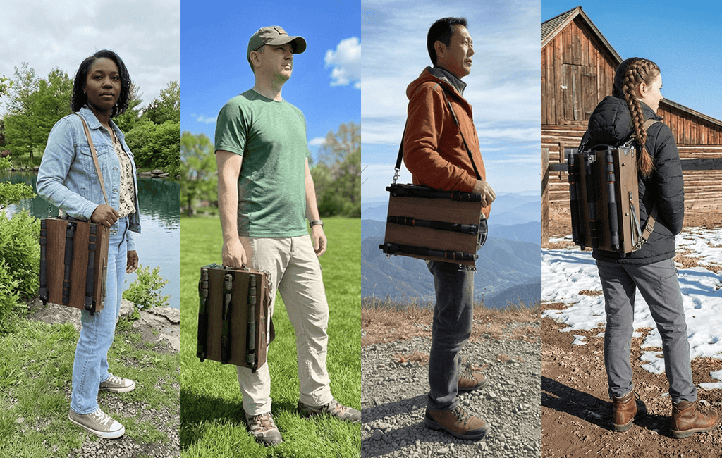 Four people carrying easel in different ways in various outdoor settings.