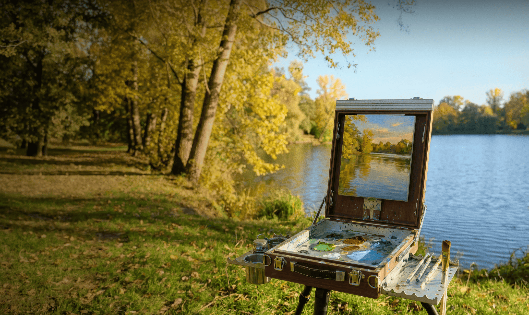 Painting of a landscape with trees and water on an easel by a lake.