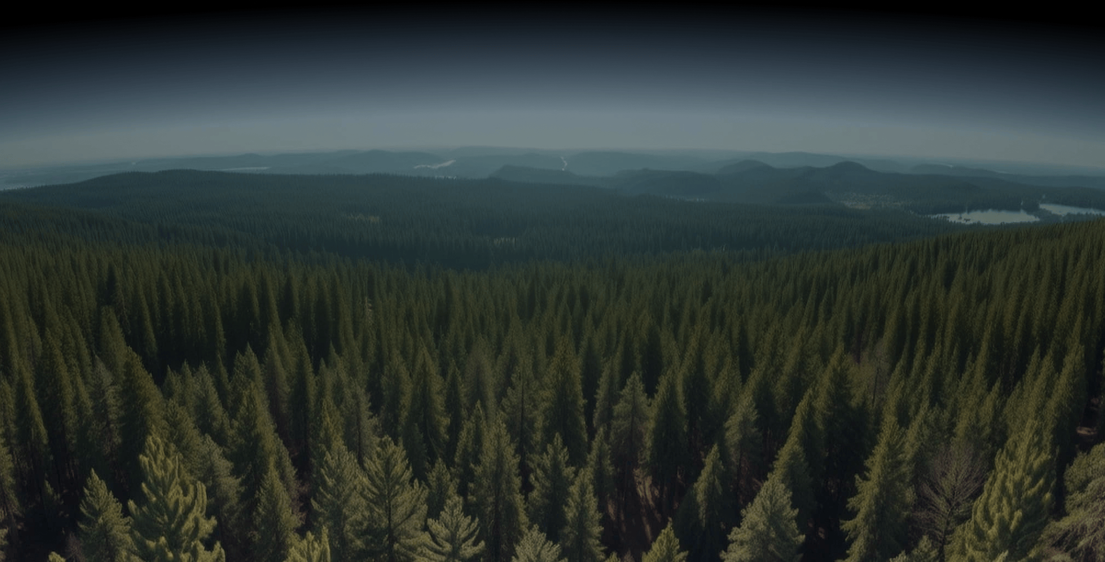Aerial view of a dense forest with mountains in the distance